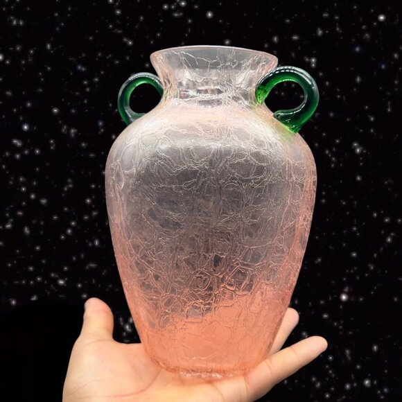 Pink Crackled Art Glass Vase with Applied Green Handles Textured Surface 8”T 3”W - Picture 3 of 13